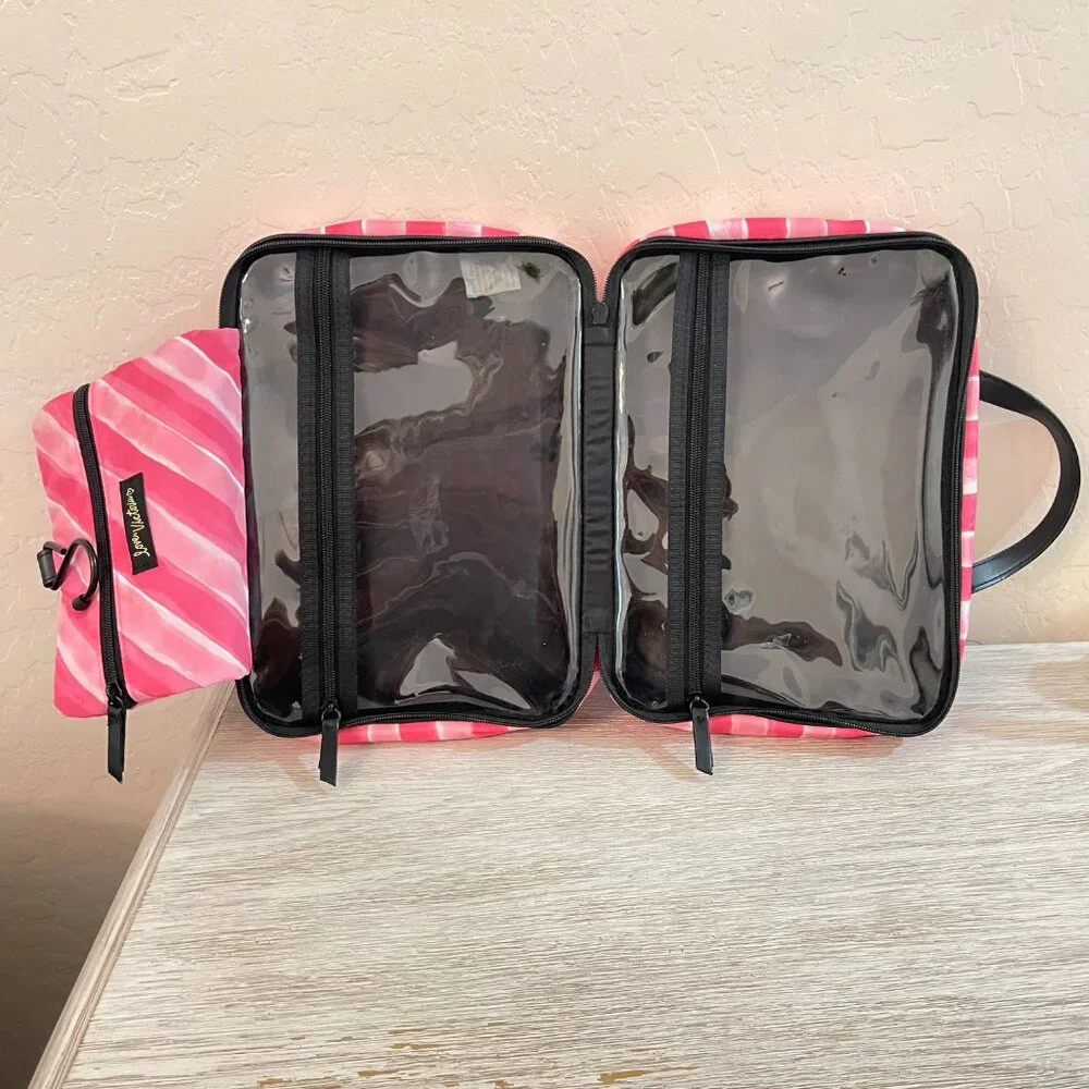 Victoria's Secret Makeup Cosmetic Accessory Bag Pink Stripe 3 Section Bag Hanger